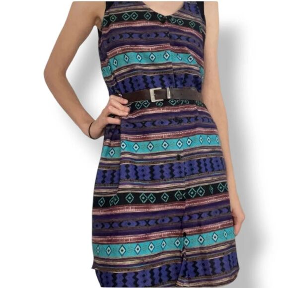 NEW Aqua Southwestern Striped Sleeveless Button Down Belted Shirt Dress Size Med - Picture 2 of 12